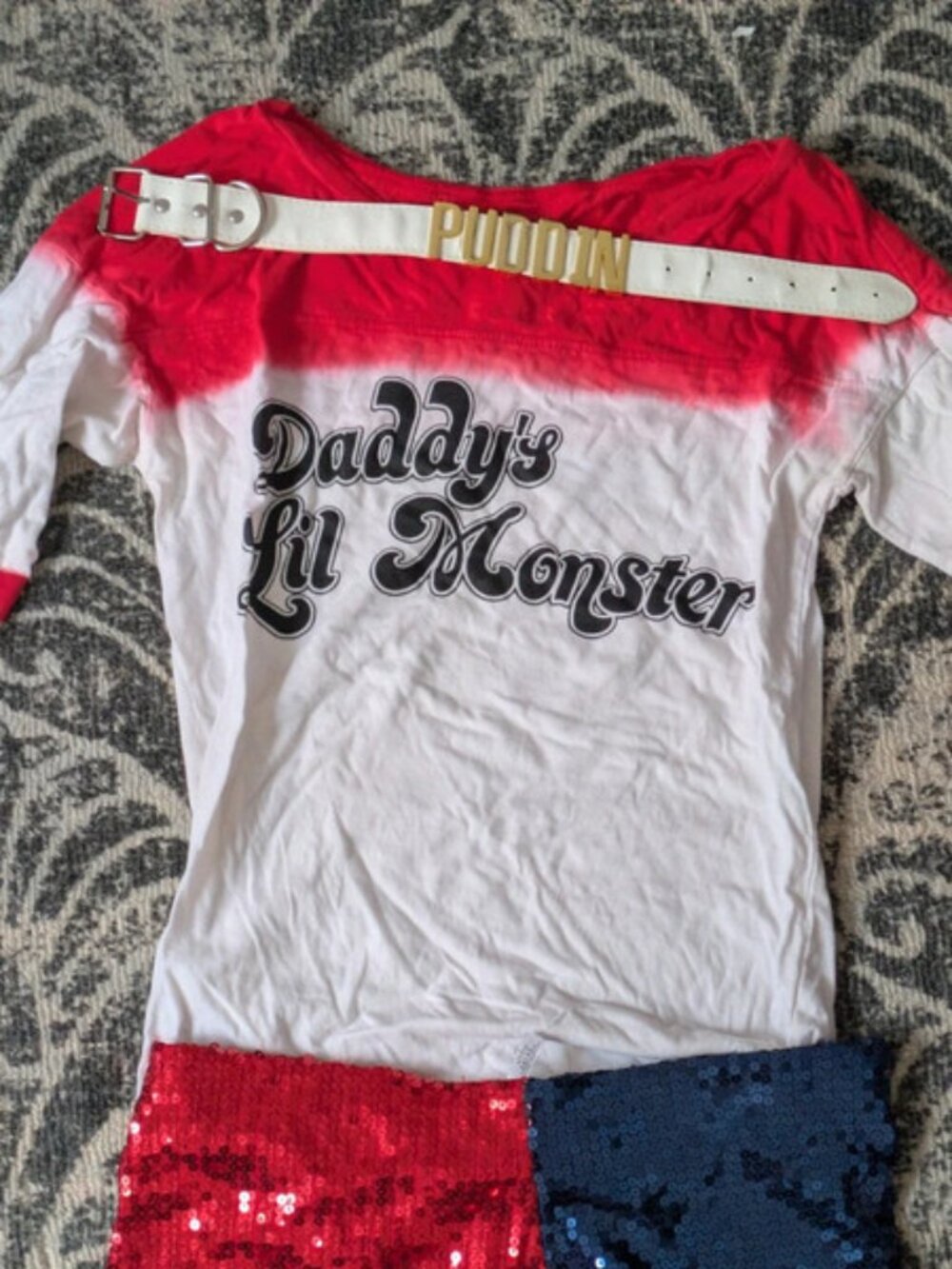 Harley Quinn Suicide Squad 3-Piece Set Puddin' Choker, Sequin Shorts, Daddy's L